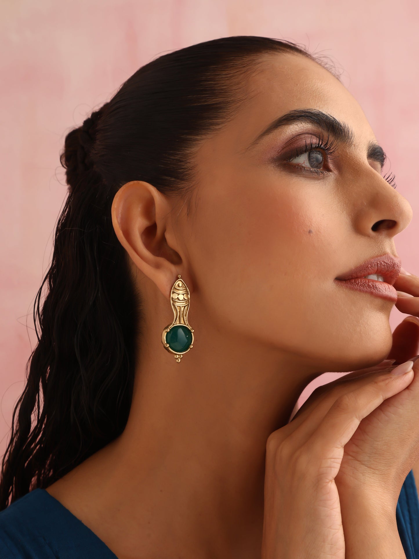 trueBrowns Brass Green Stone Abstarct Earrings - Swadesiicart