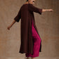 trueBrowns Cola Brown Modal Satin Neck Pleat Kurta Set | Swadesiicart