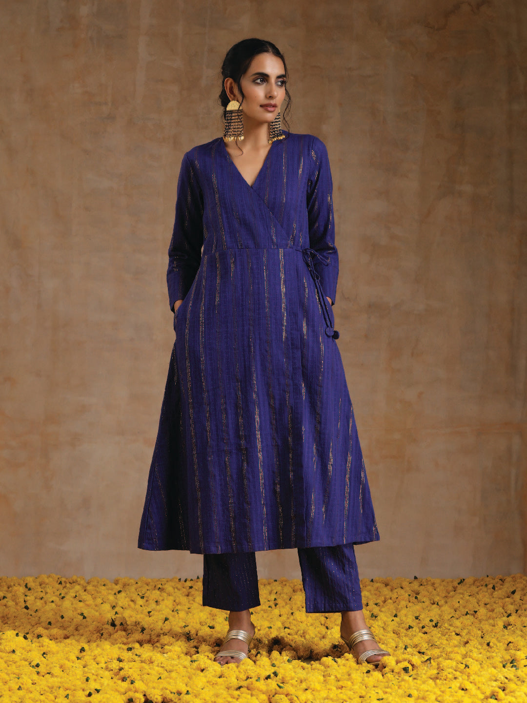 trueBrowns Spectrum Blue Gold Cotton Angrakha Kurta Set | Swadesiicart