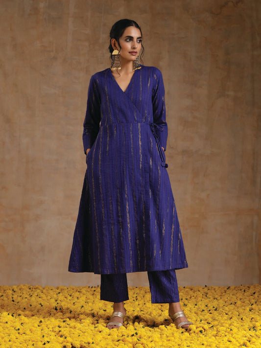 trueBrowns Spectrum Blue Gold Cotton Angrakha Kurta Set | Swadesiicart