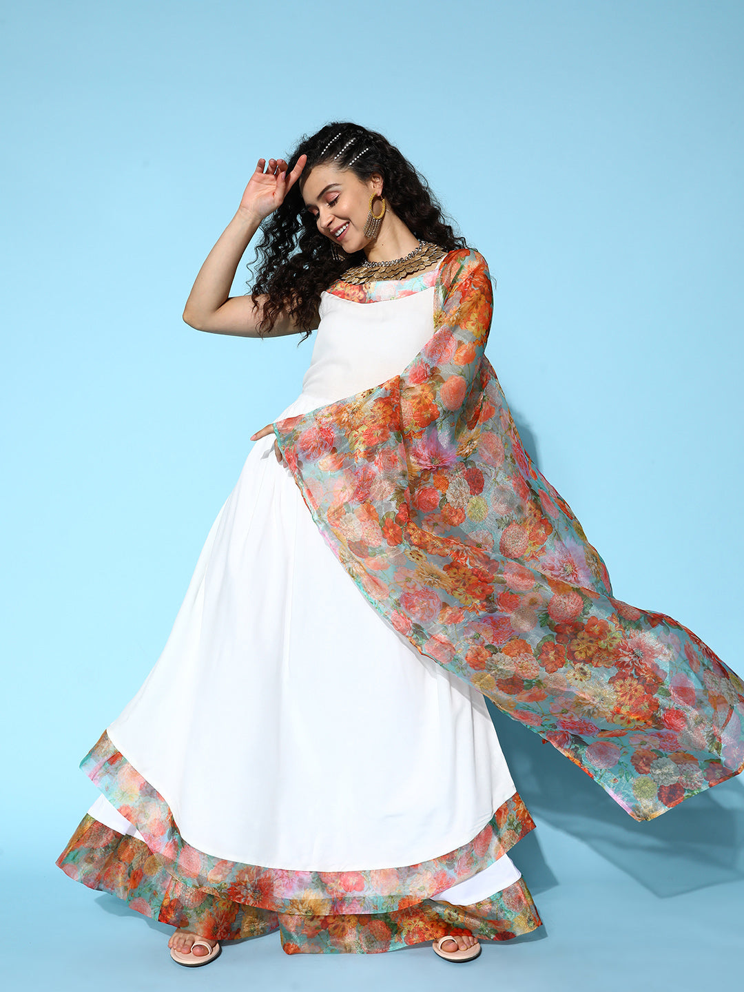 InWeave Women's White Strappy Orgranza Border Kurta Set With Dupatta - Swadesiicart