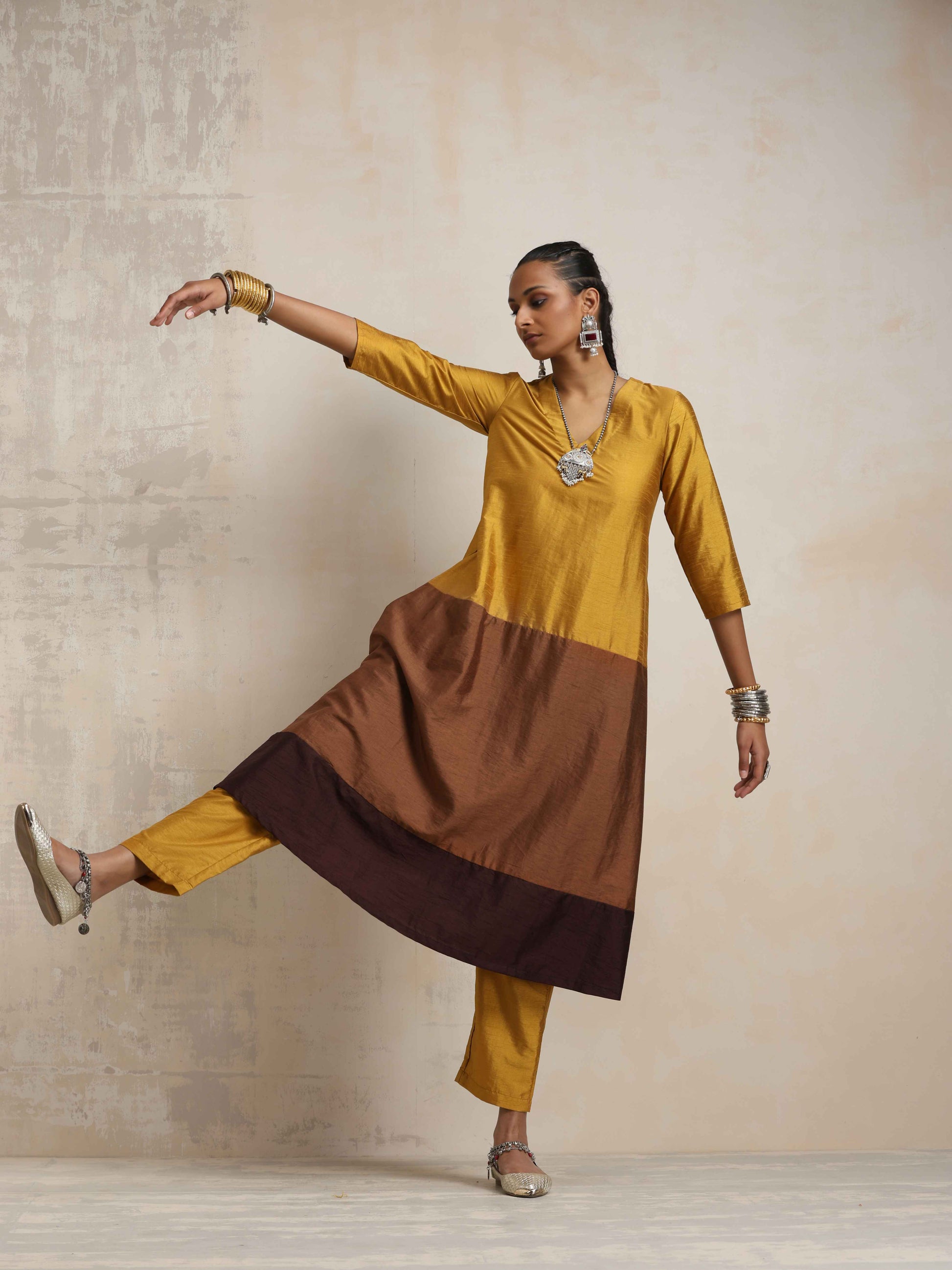 trueBrowns Gold Brown Silk A-line Kurta Set | Swadesiicart