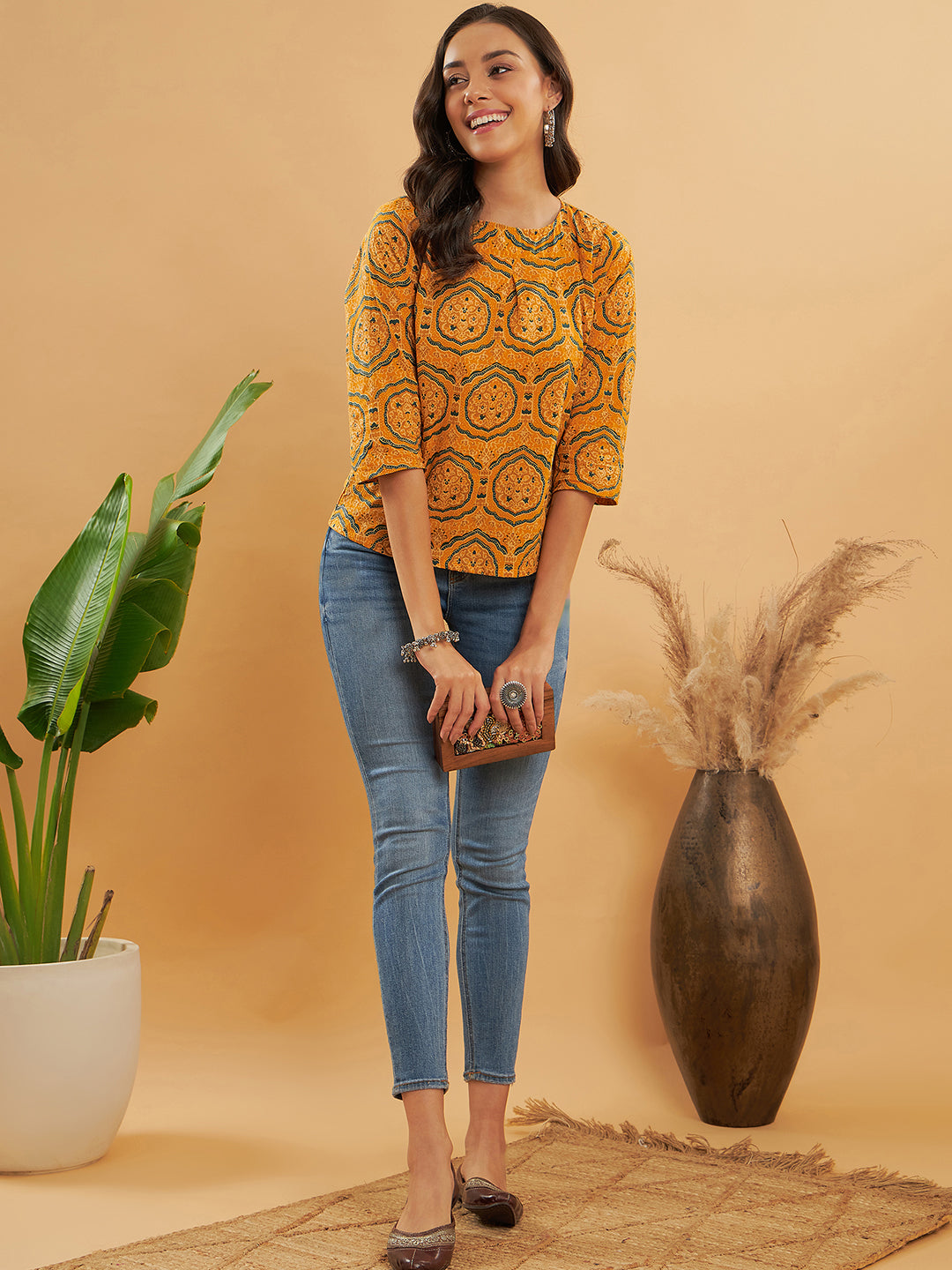 InWeave Women's Haldi Yellow Mughal Kalamkari Top - Swadesiicart