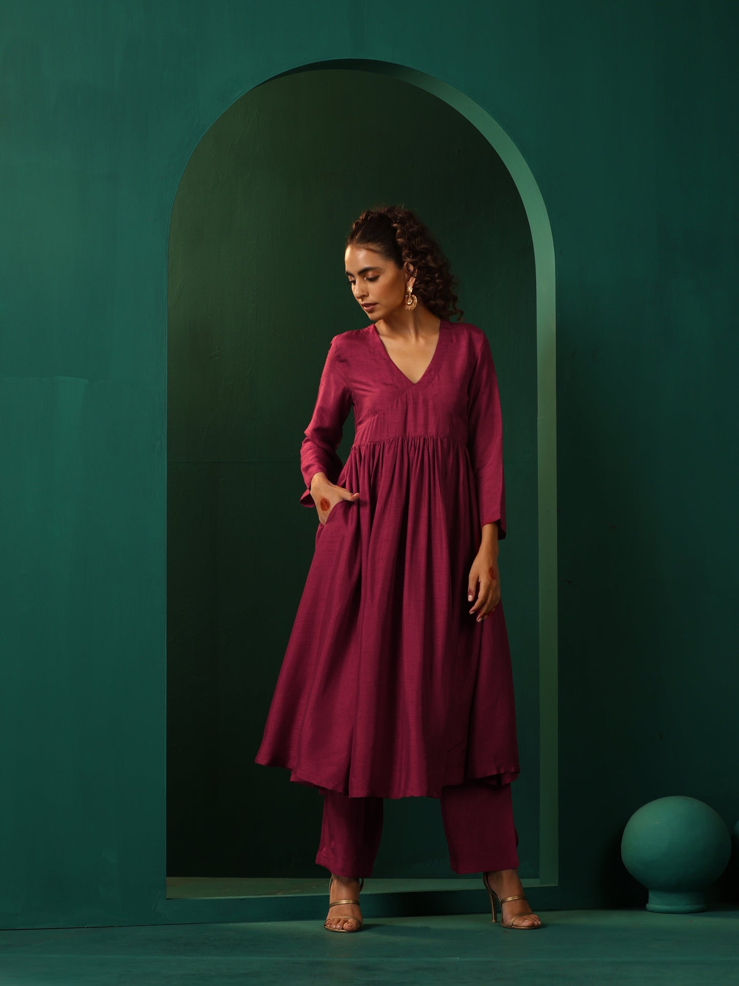 trueBrowns Maroon Silk Angrakha Kurta Pant Set | Swadesiicart