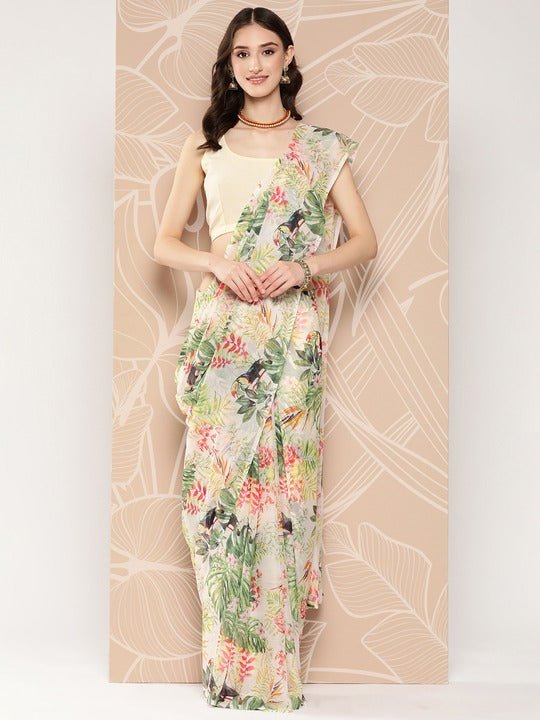 Ahalyaa Floral Printed Poly Chiffon Saree | Swadesiicart