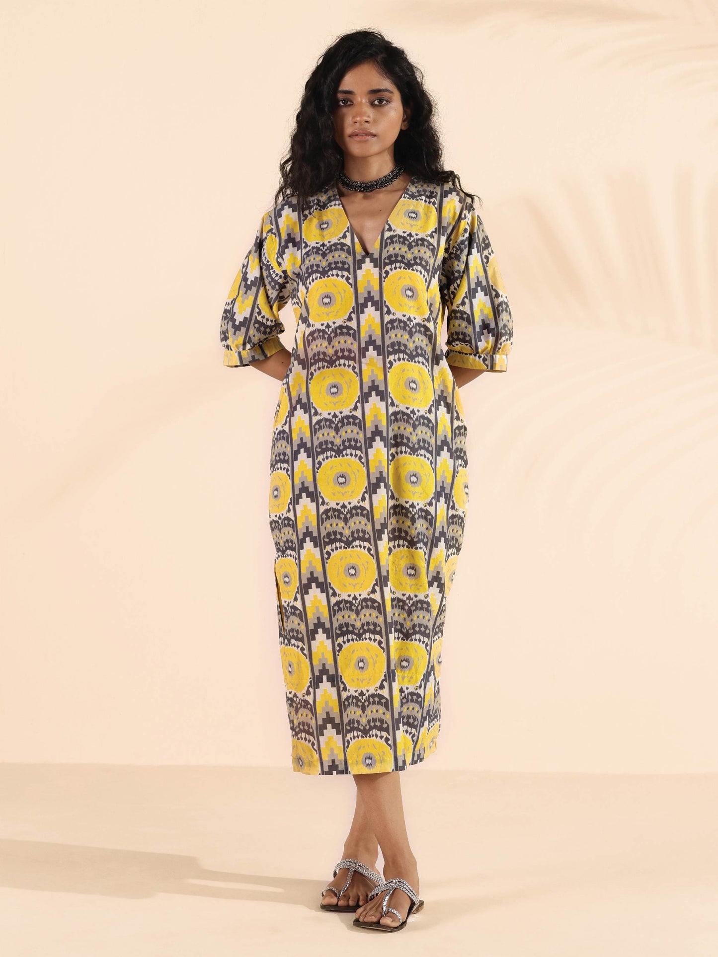trueBrowns Yellow Cotton Ikat Slit Dress | Swadesiicart