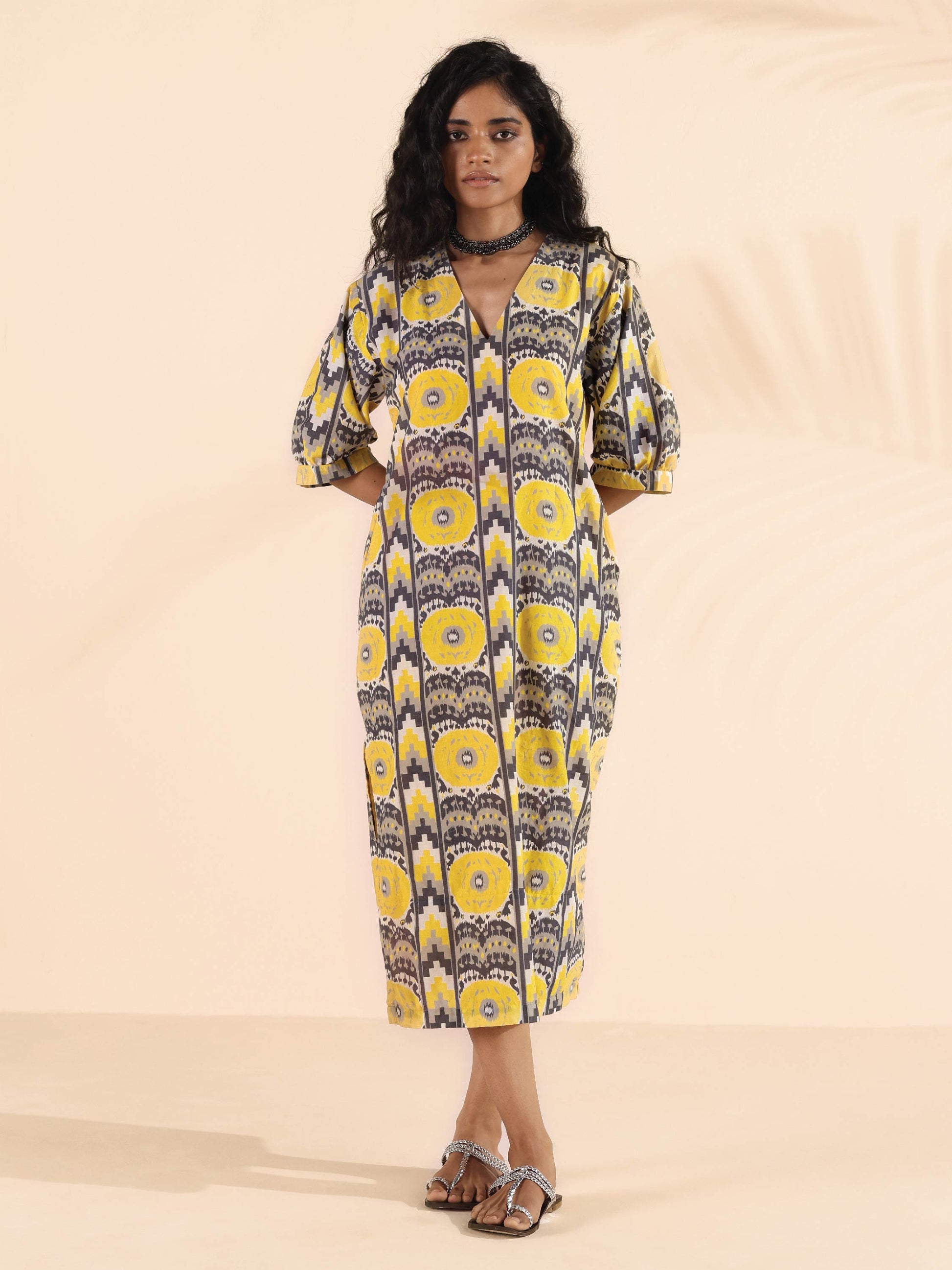 trueBrowns Yellow Cotton Ikat Slit Dress | Swadesiicart