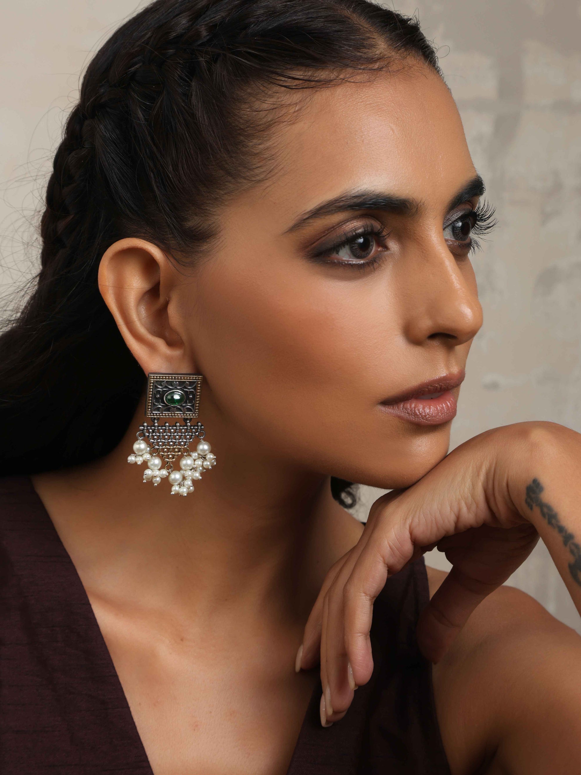 trueBrowns Silver Gold Tone Floral Silver Jaal Dangle Earrings - Swadesiicart