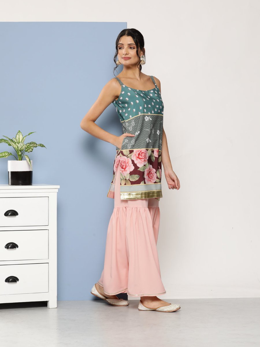 Ahalyaa Women Green Floral Printed Gotta Patti Kurta with Sharara & With Dupatta | Swadesiicart