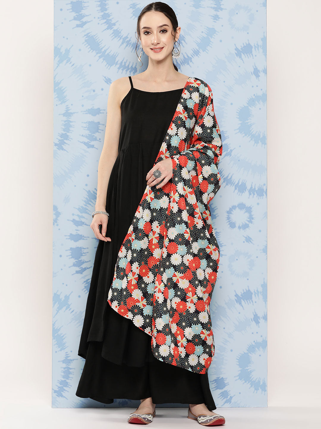 InWeave Women's Black Strappy Set With White Red Round Motif Dupatta - Swadesiicart