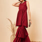 InWeave Women's Carmine Maroon Lace Work Double Layer Sharara Set - Swadesiicart