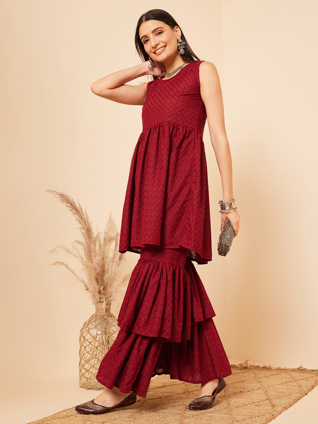 InWeave Women's Carmine Maroon Lace Work Double Layer Sharara Set - Swadesiicart
