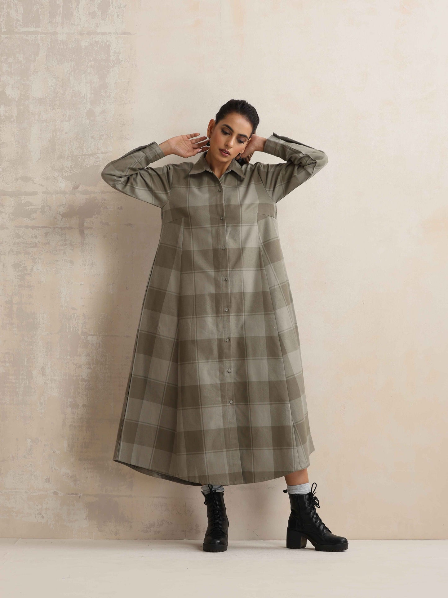 trueBrowns Green Check Flared Winter Dress | Swadesiicart