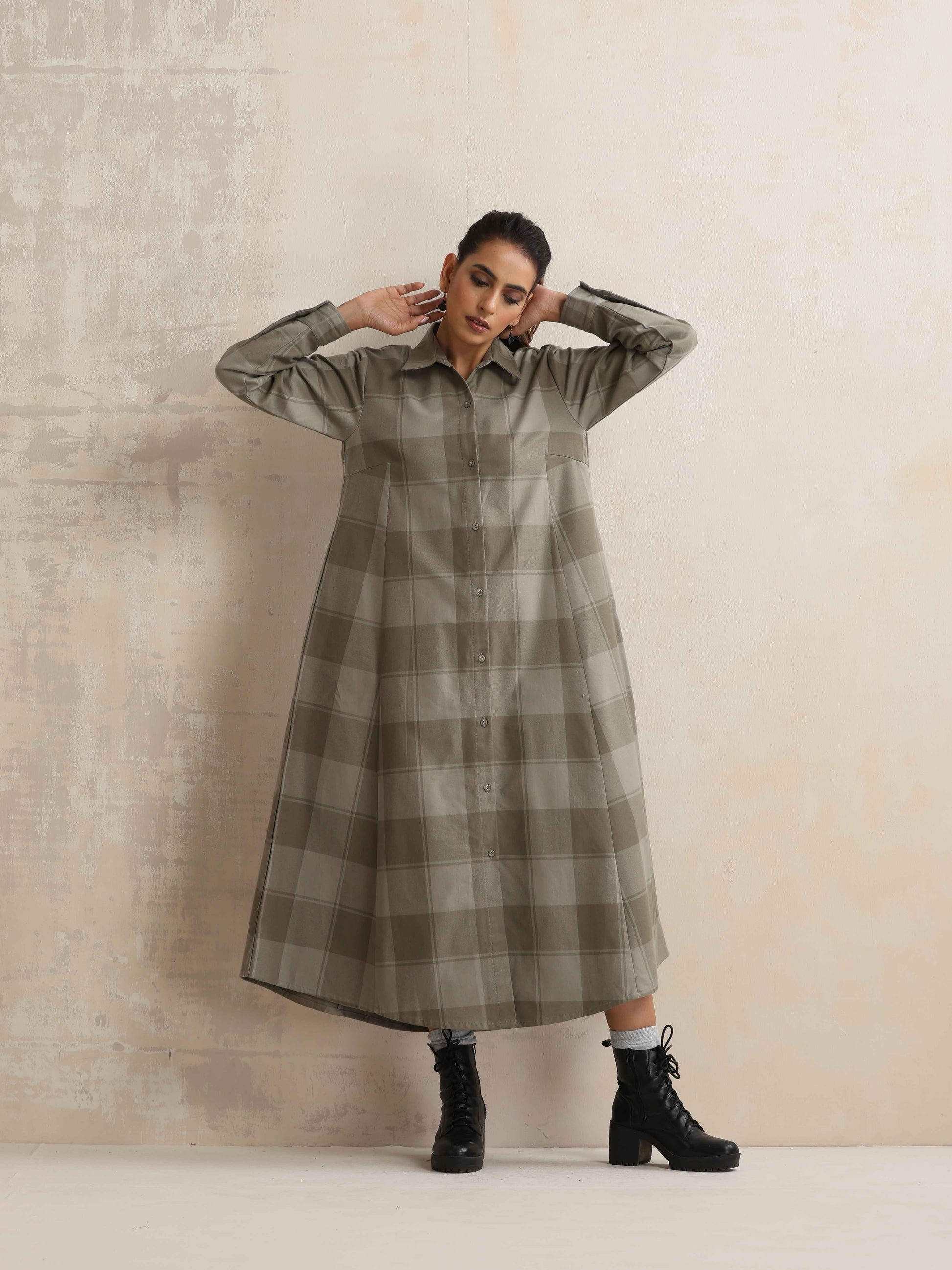 trueBrowns Green Check Flared Winter Dress | Swadesiicart