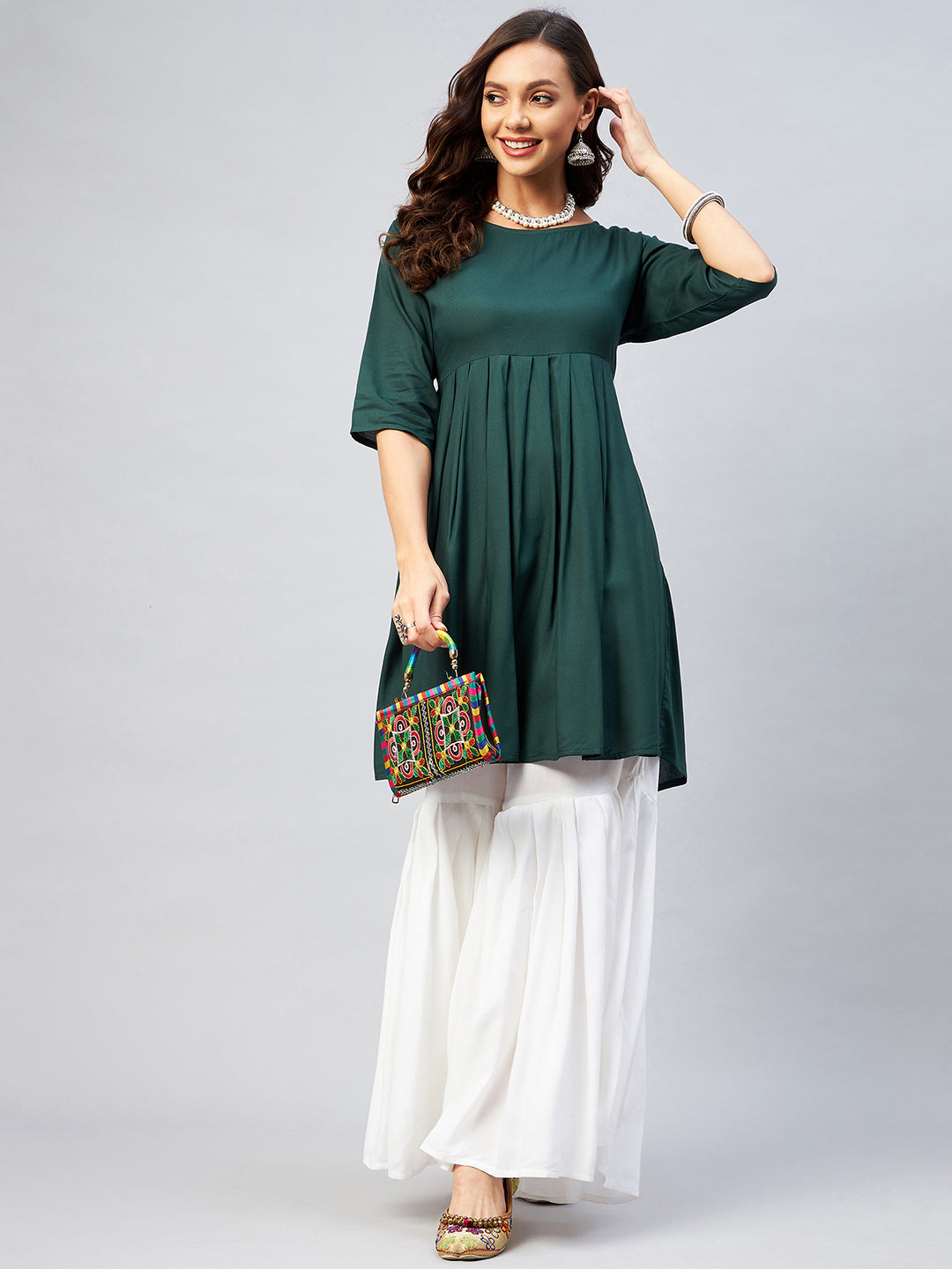 InWeave Women's Dark Green Short Anarkali Kurta - Swadesiicart