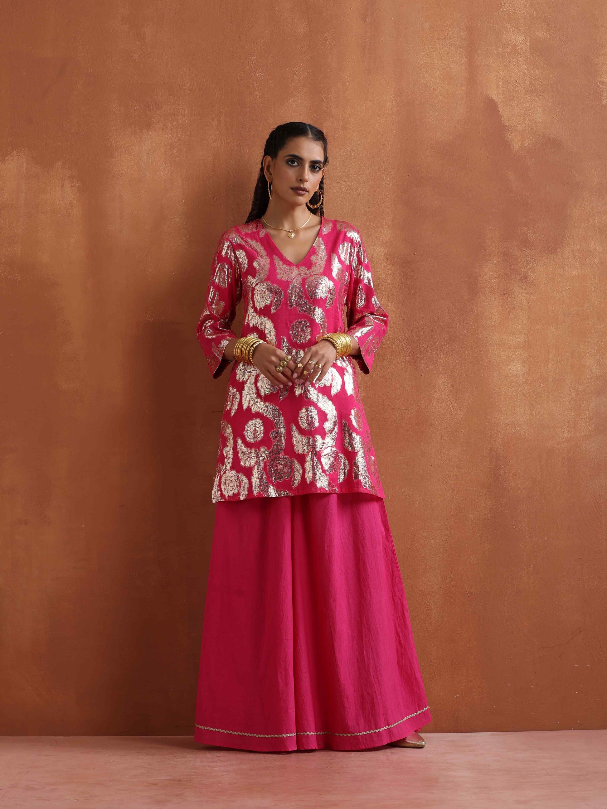 trueBrowns Pink Metallic Sharara Set | Swadesiicart