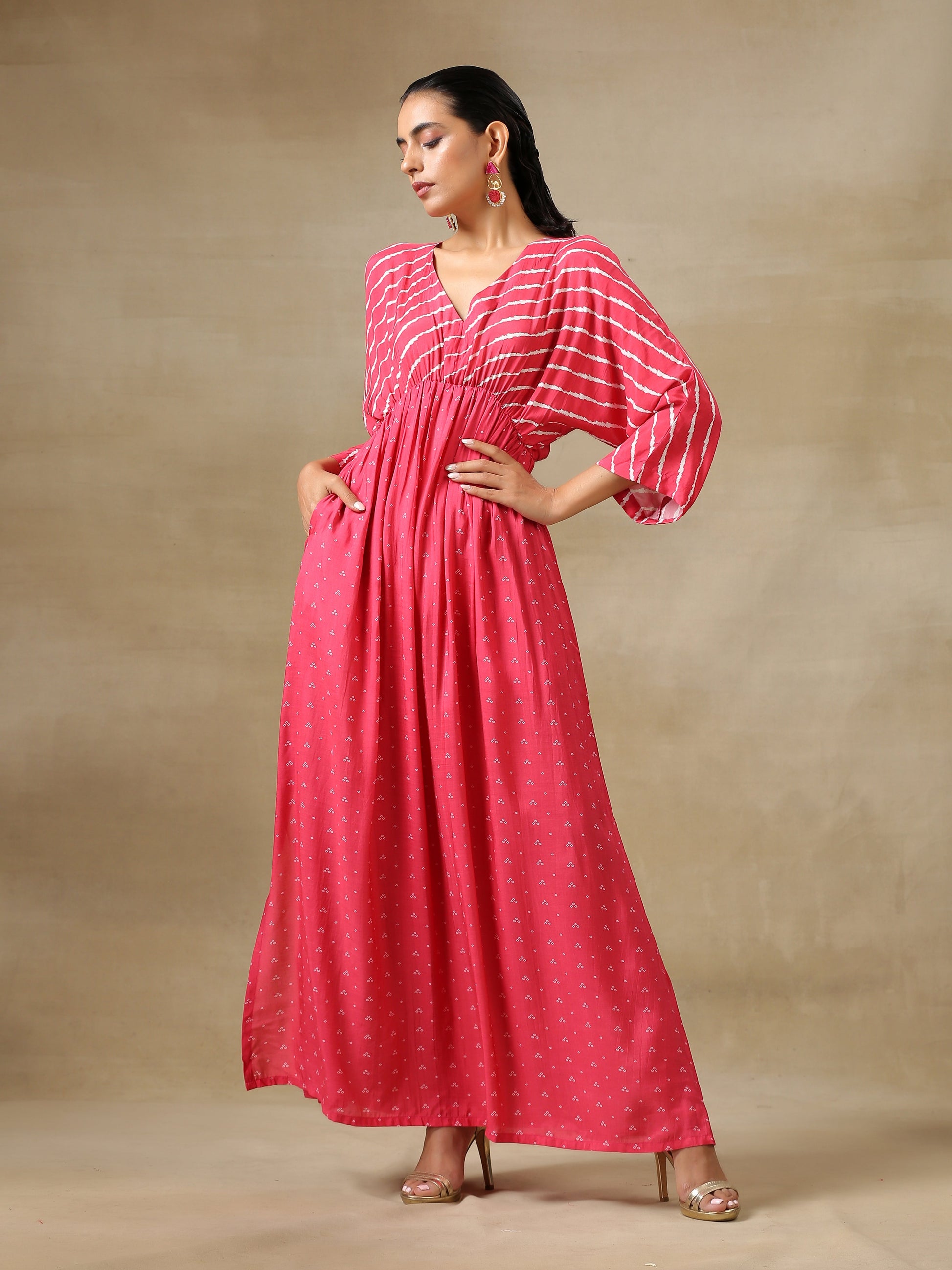trueBrowns Pink Bandhani Printed Silk Drop Shoulder Dress | Swadesiicart