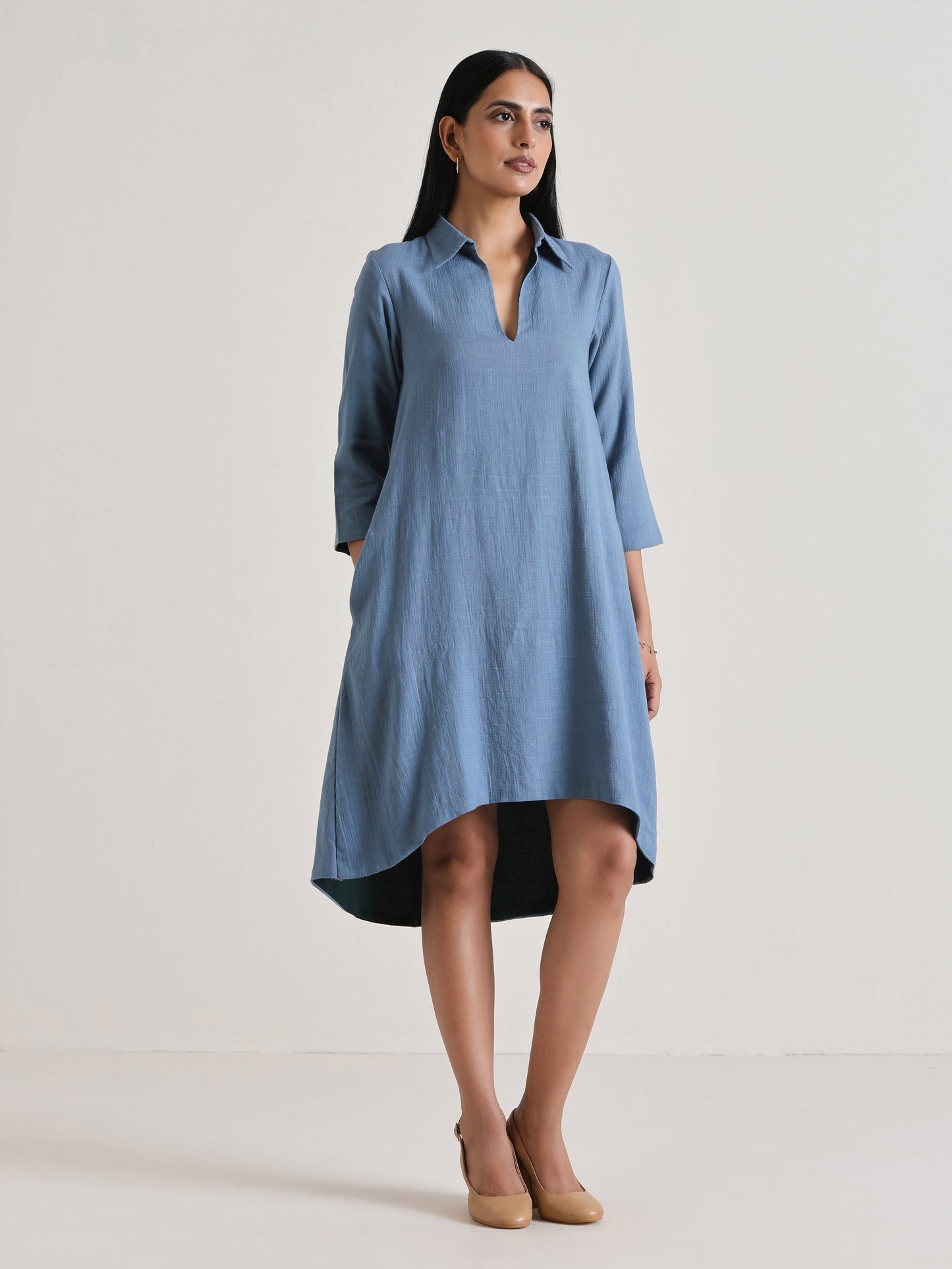 trueBrowns Light Blue Short Collared Dress | Swadesiicart
