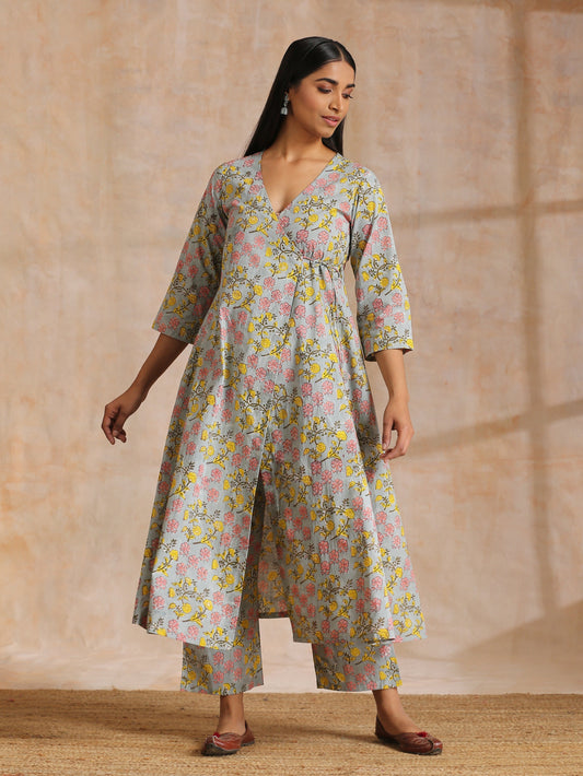 trueBrowns Grey Overall Floral Block Print Cotton Angrakha Kurta Pant Set | Swadesiicart