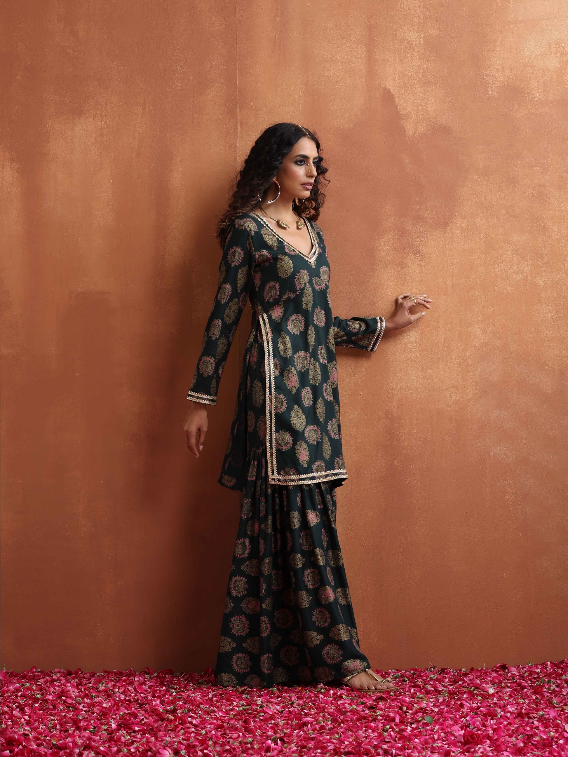trueBrowns Green Foil Print Sharara Set | Swadesiicart
