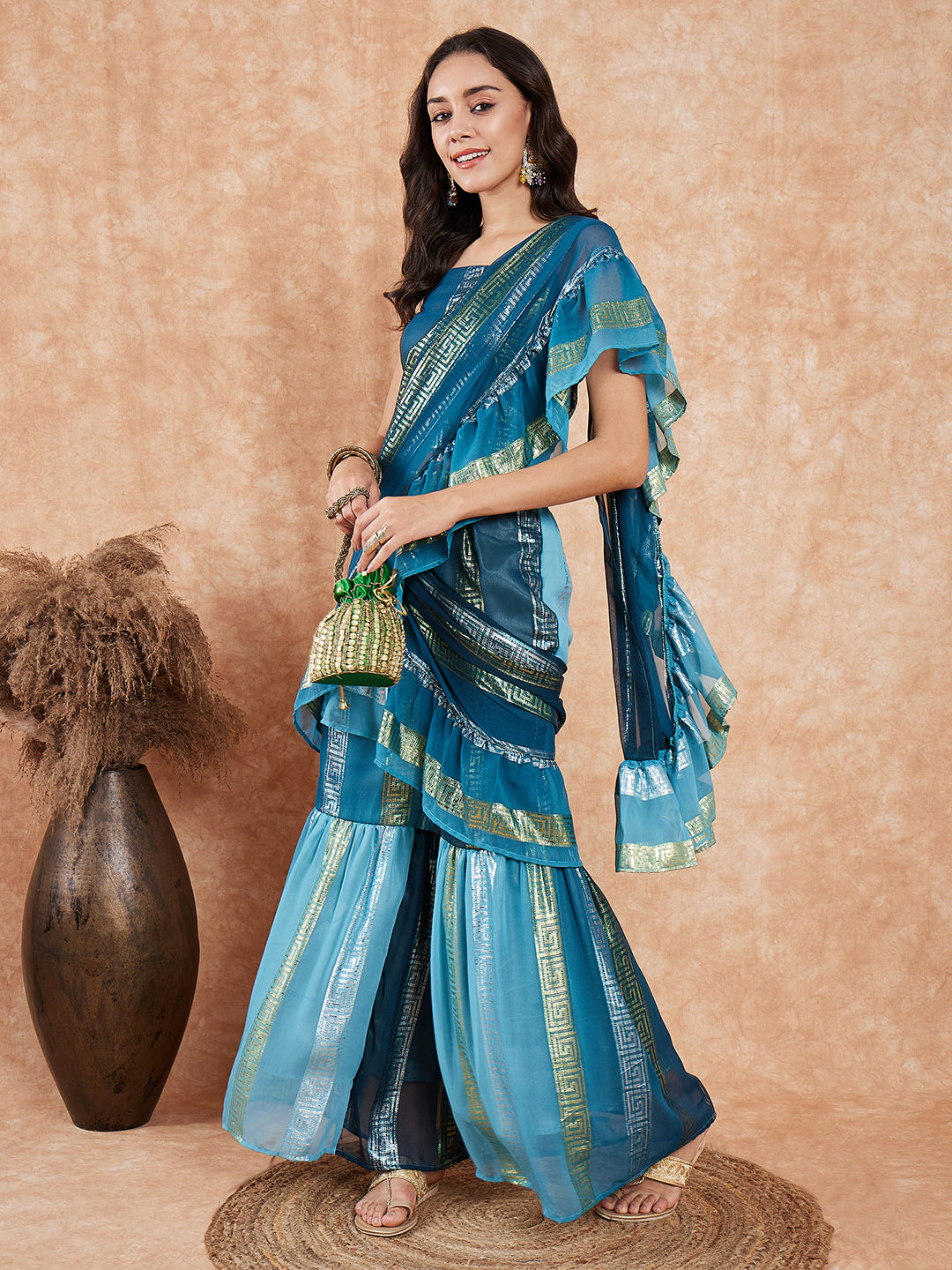 InWeave Women's Teal Shaded Lurex Frill Sharara Saree - Swadesiicart