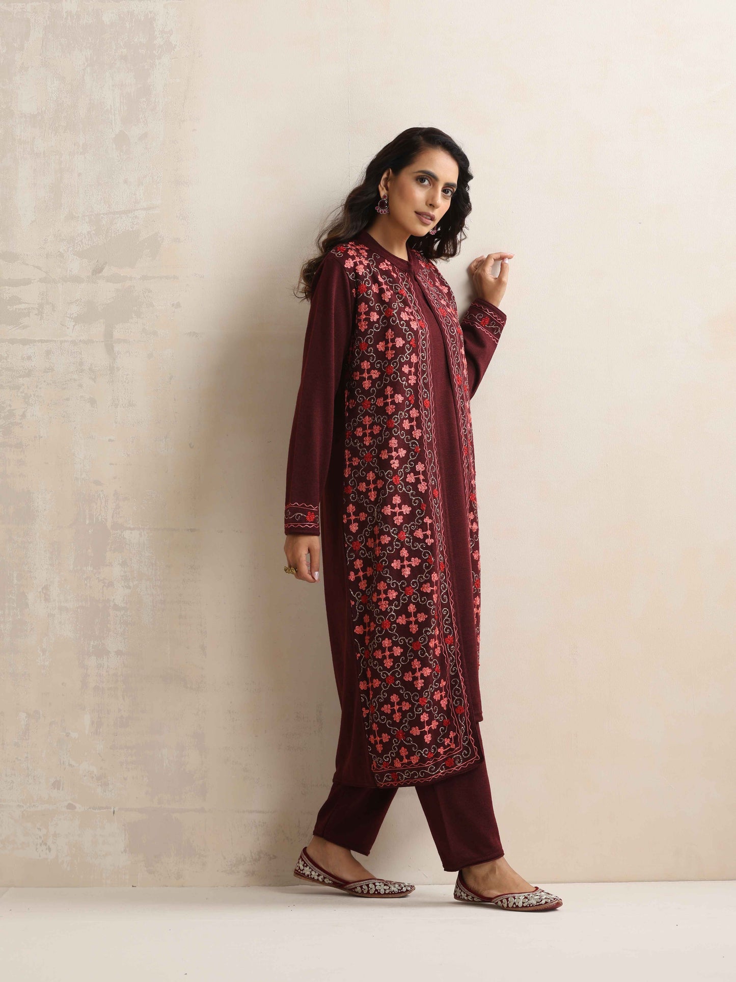 trueBrowns Purple Kashmiri Woollen Jacket 3pc Set | Swadesiicart