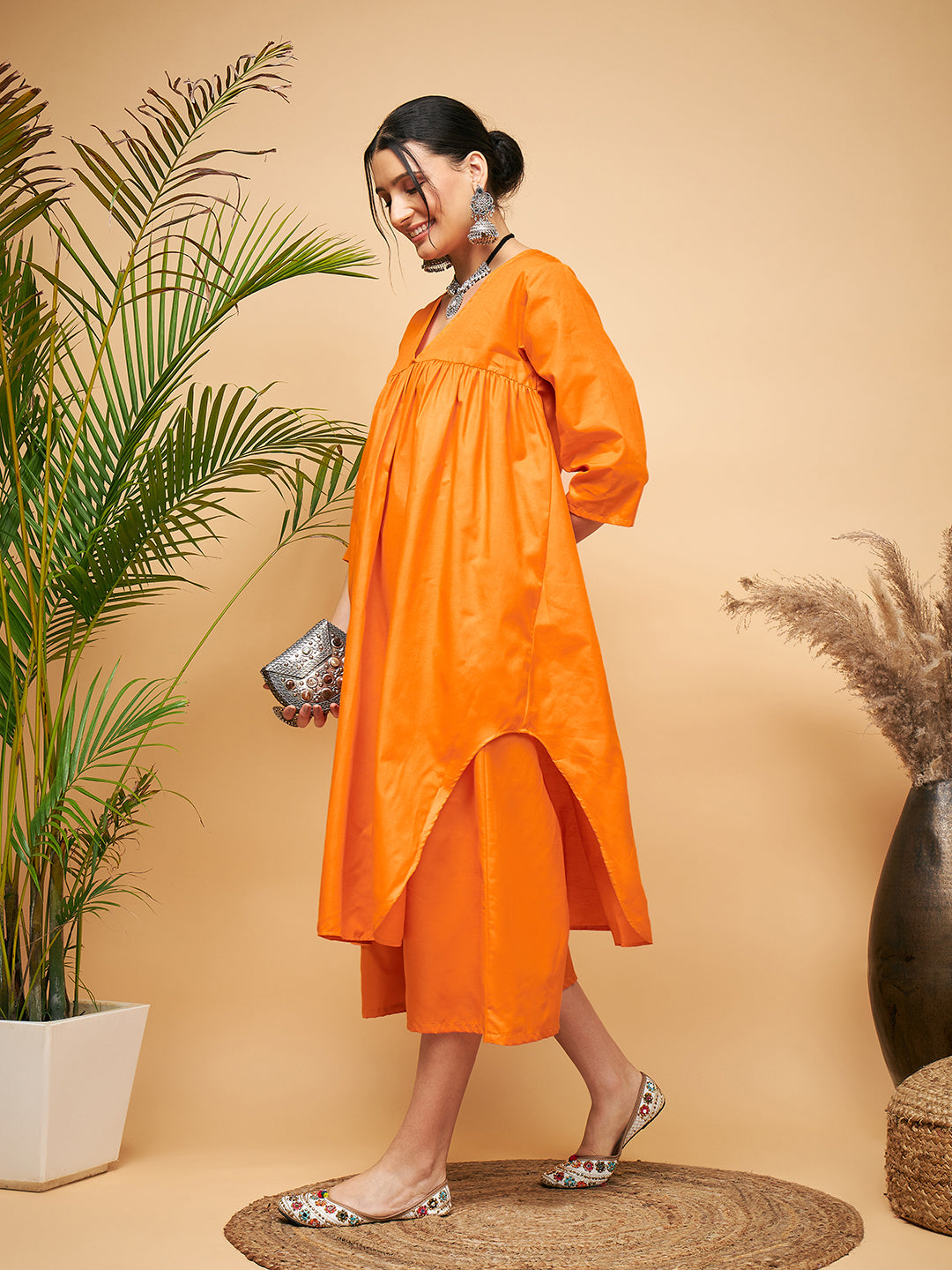 InWeave Women's Orange Flared Kurta Palazzo Set - Swadesiicart