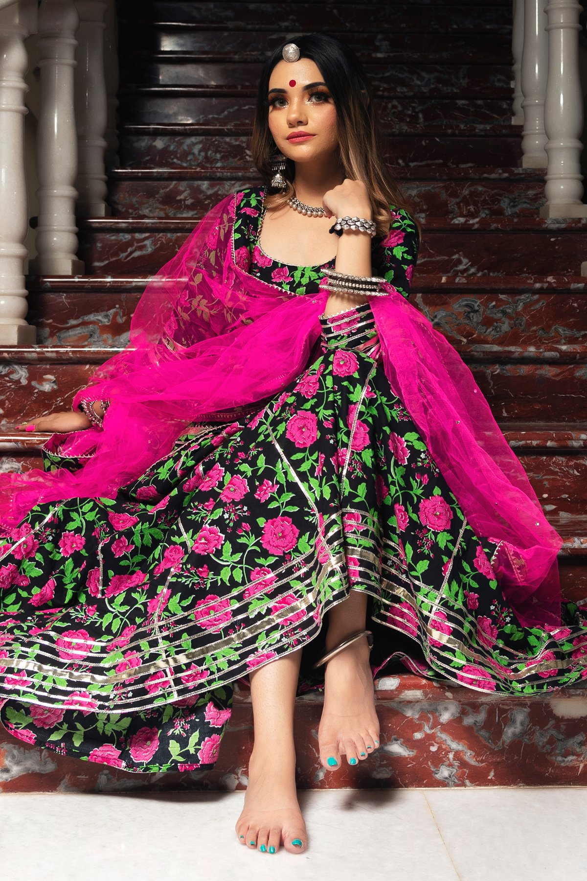 Pomcha Jaipur Gulmohar Cotton Hand Block Skirt Set | Swadesiicart