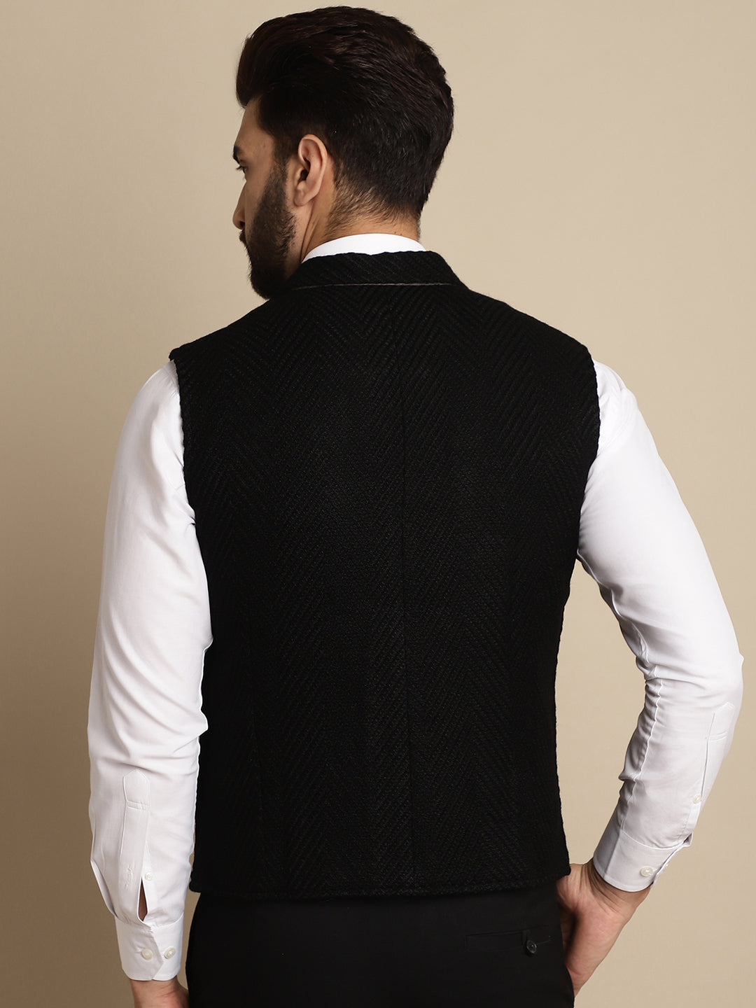 Even Apparels Men's Black Wool Waistcoat with Notched Lapel | Swadesiicart