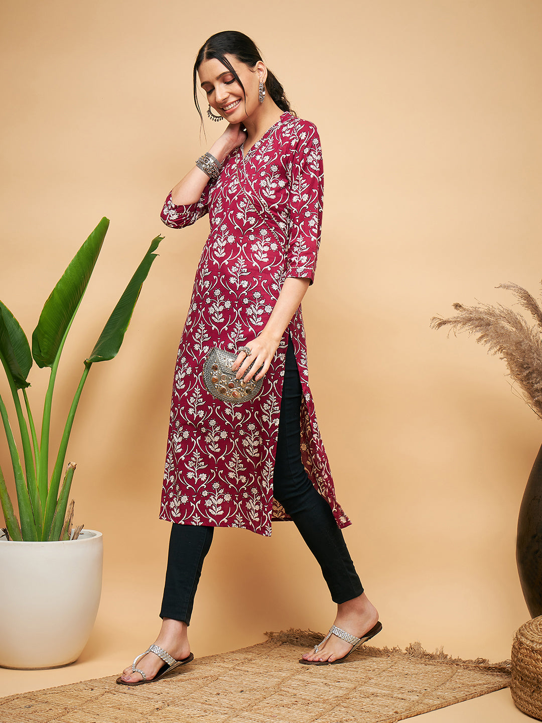 InWeave Women's Wine Floral Print Straight Angrakha Gota Kurta - Swadesiicart
