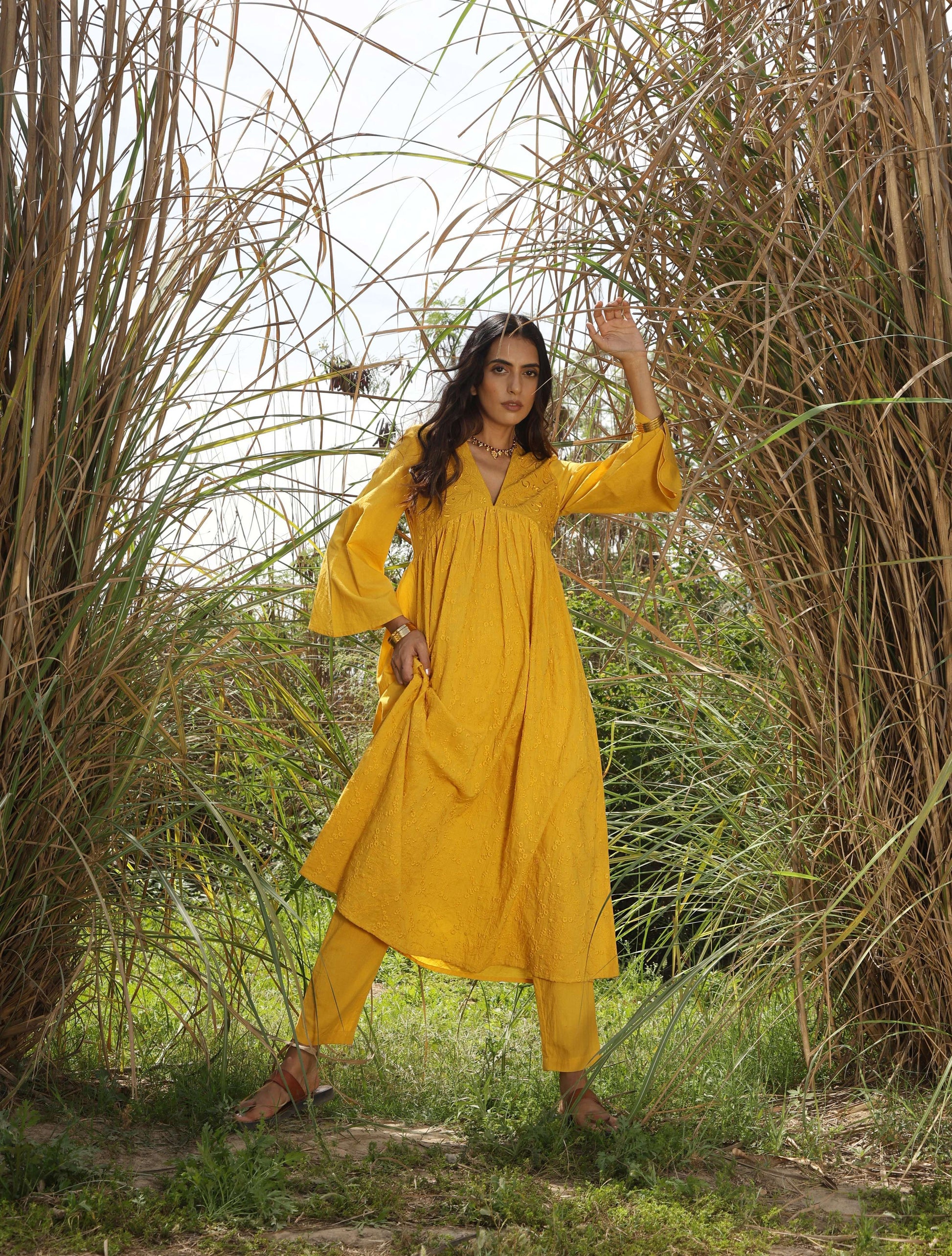 trueBrowns Mustard Cotton Embroidered Flared Kurta Set | Swadesiicart