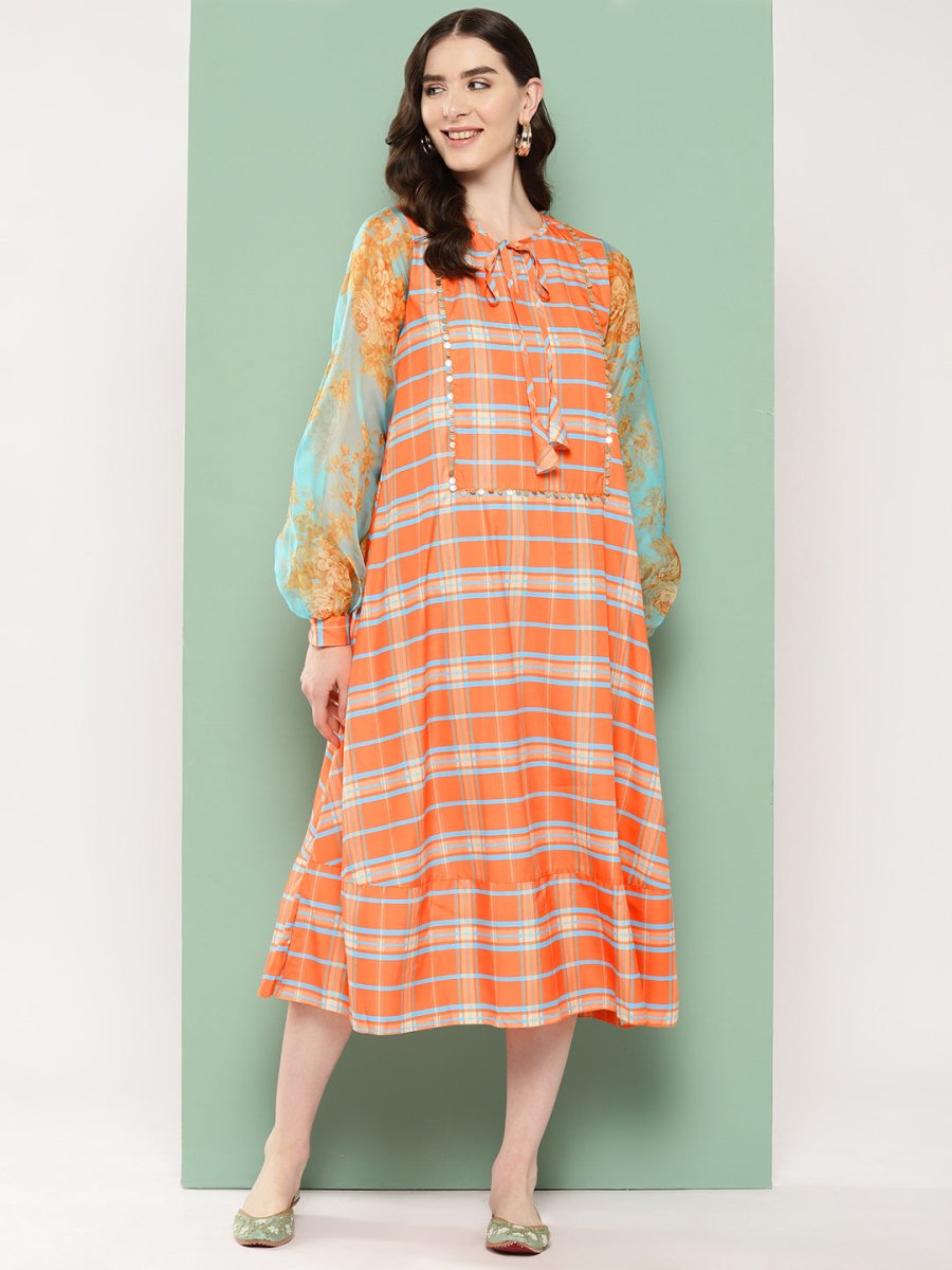 Ahalyaa Checked Tie-Up Neck Sequined Ethnic A-Line Midi Dress | Swadesiicart