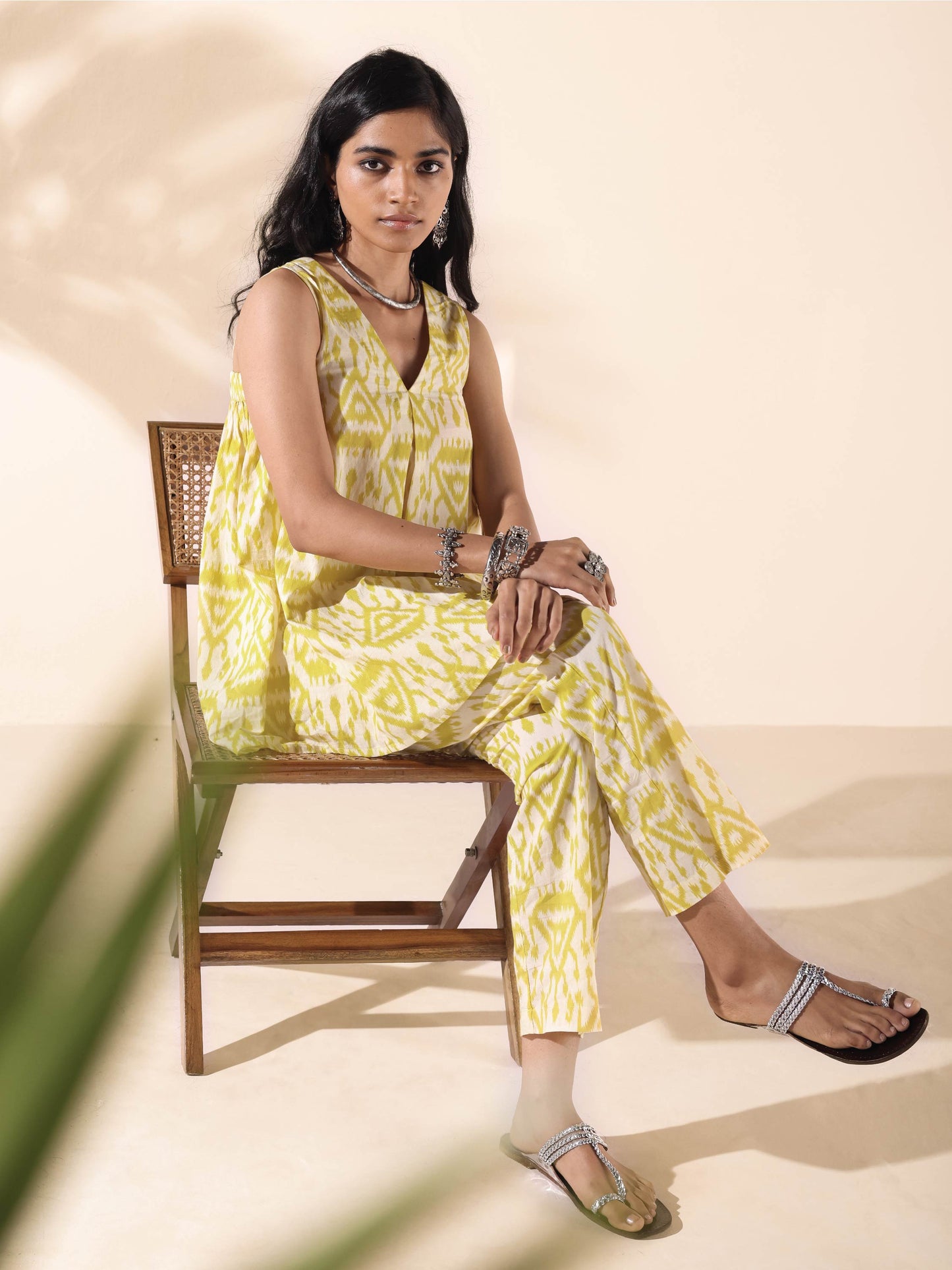 trueBrowns Lime Cotton Ikat Sleeveless Co-ord Set - Swadesiicart