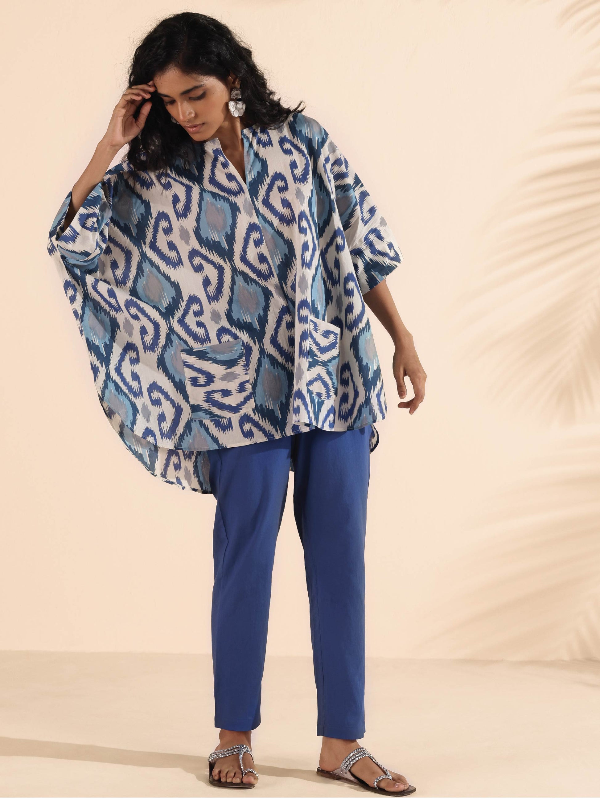 trueBrowns Blue Cotton Ikat Kaftan Co-ord Set - Swadesiicart