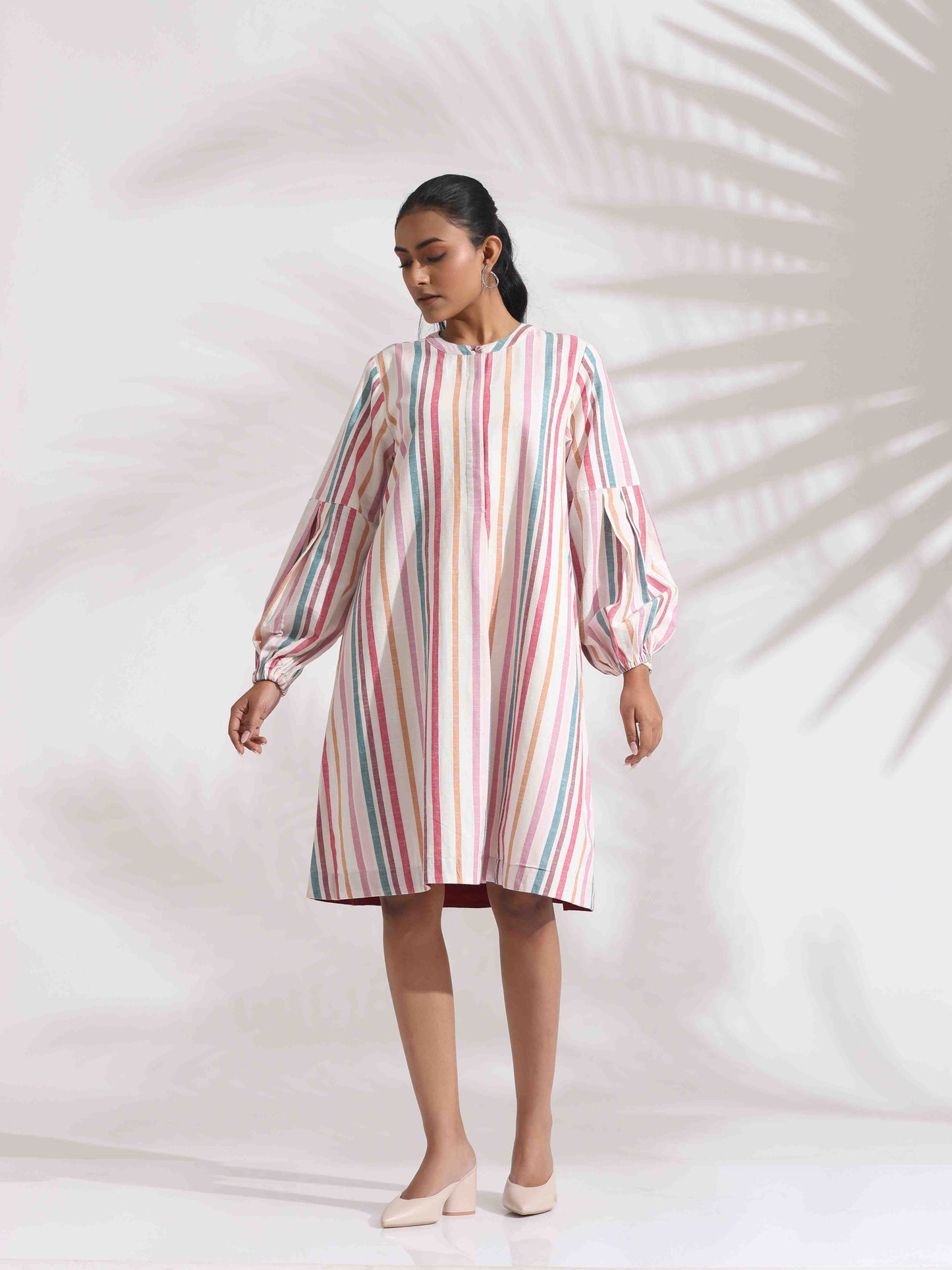 trueBrowns Off-White Cotton Multi Stripe Short Dress | Swadesiicart