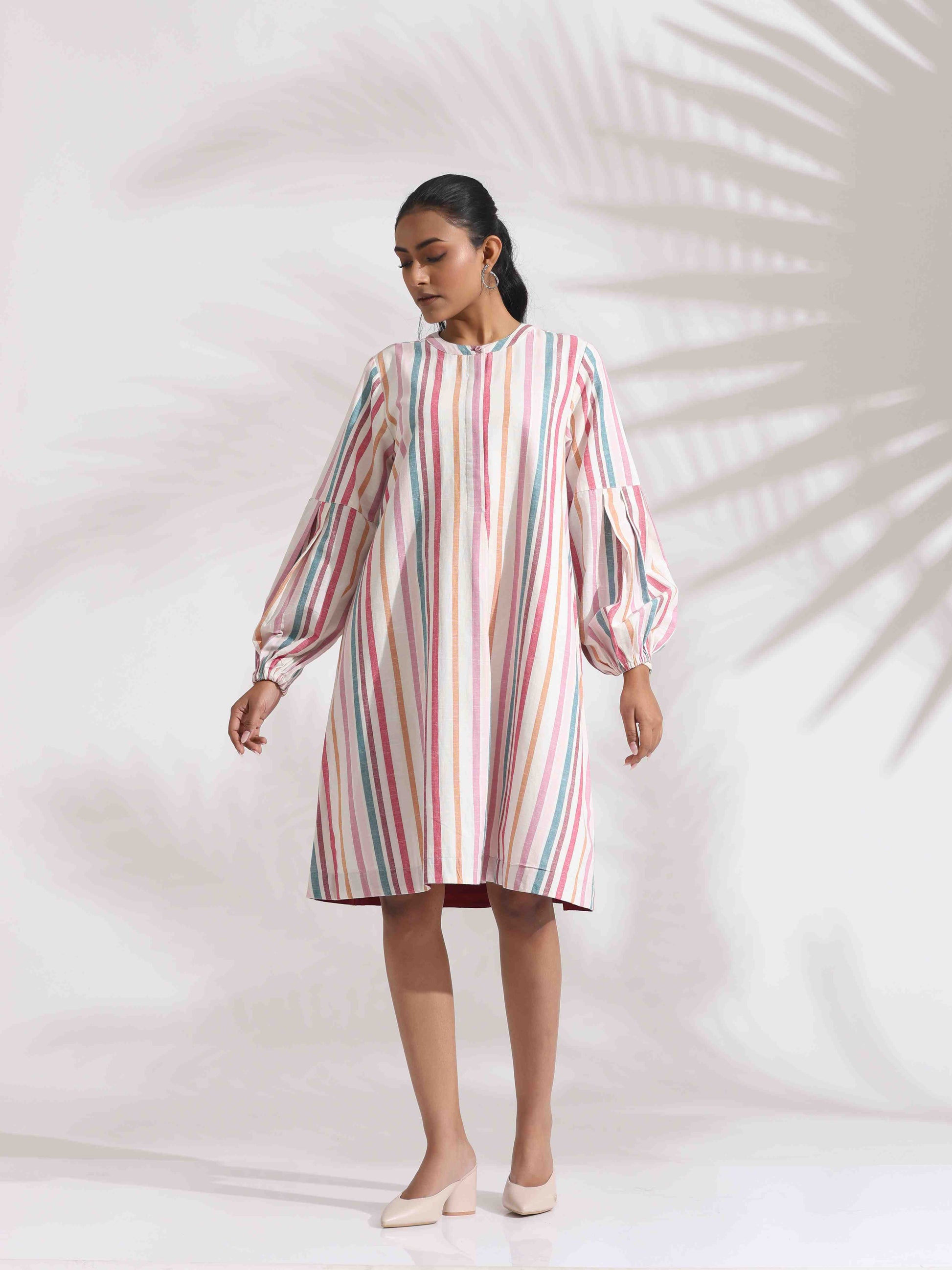 trueBrowns Off-White Cotton Multi Stripe Short Dress | Swadesiicart