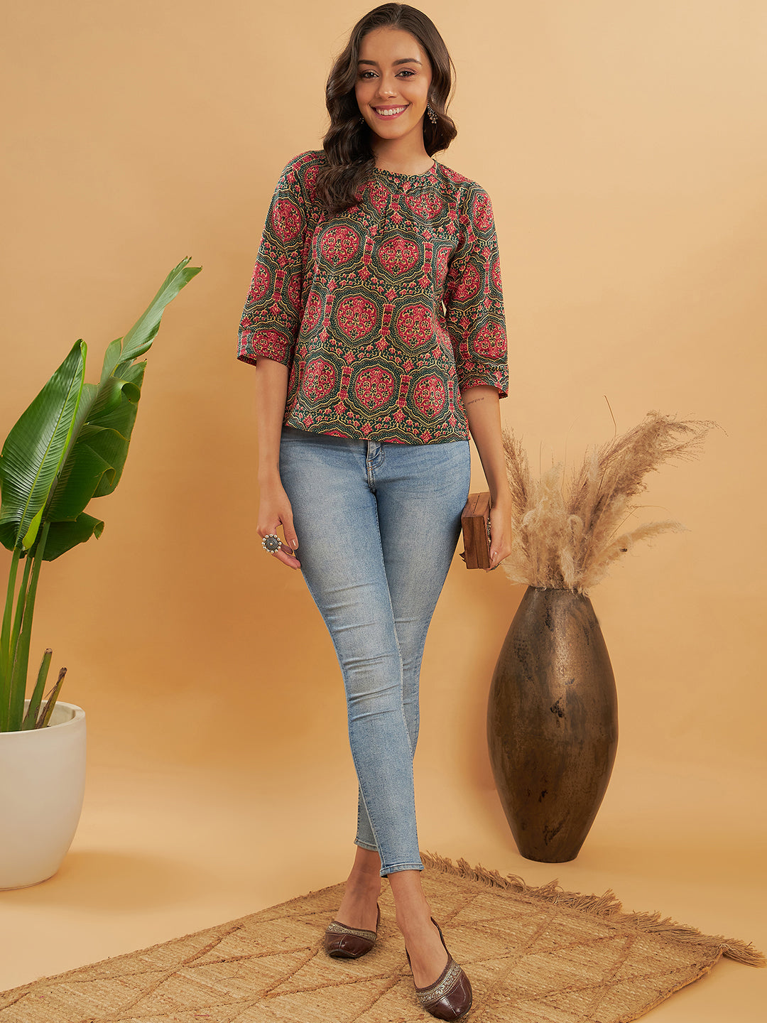 InWeave Women's Green Red Mughal Kalamkari Top - Swadesiicart