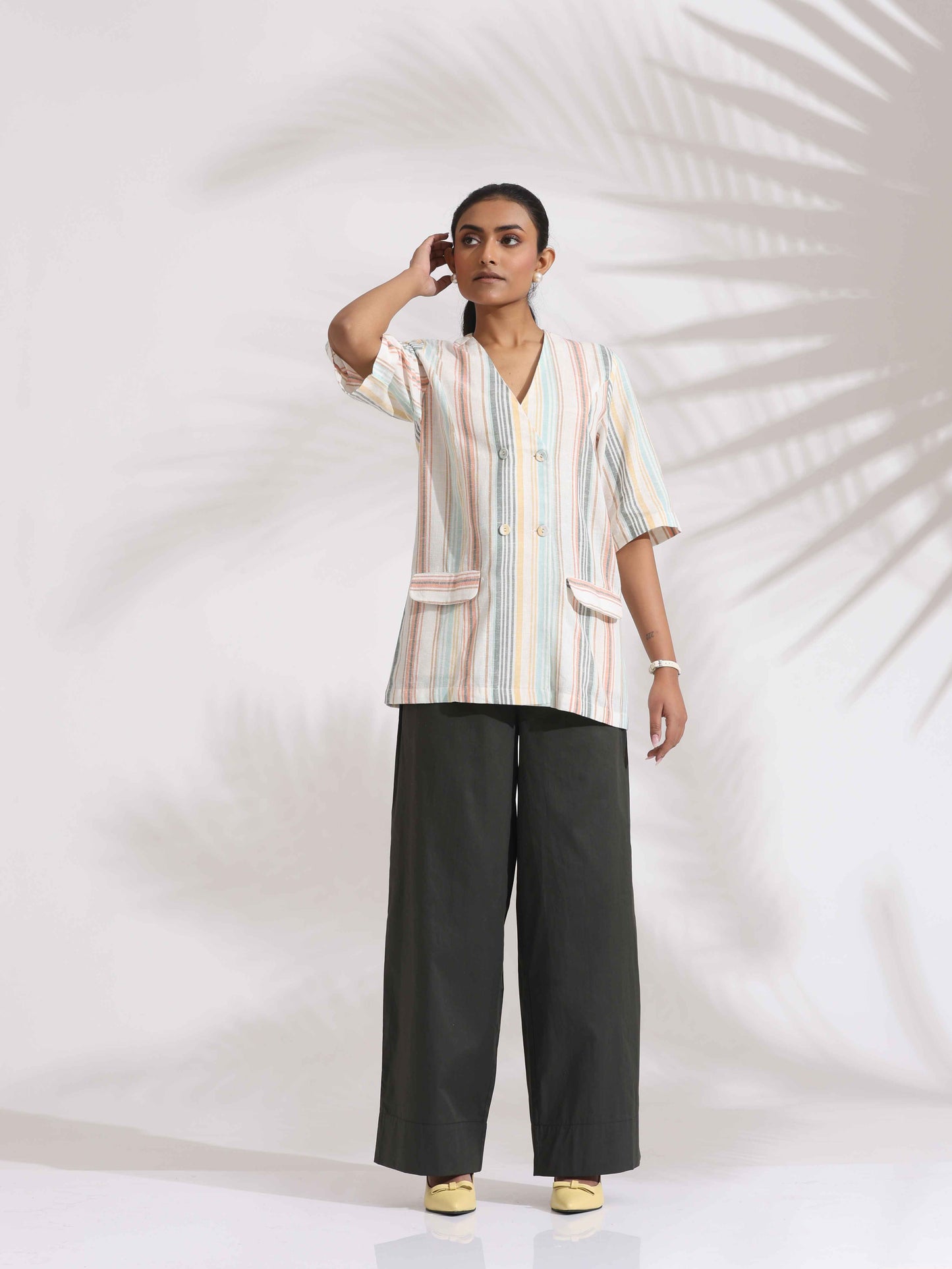 trueBrowns Off-White Cotton Stripe Jacket Top Co-ord Set - Swadesiicart