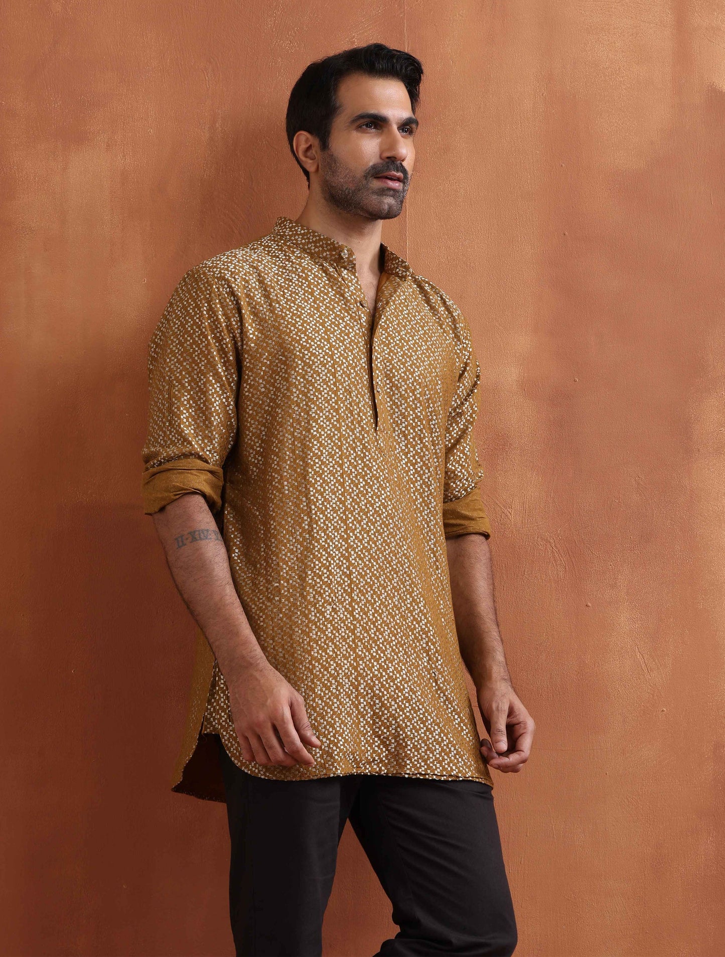 trueBrowns Men's Mustard Cotton Dobby Short Kurta | Swadesiicart
