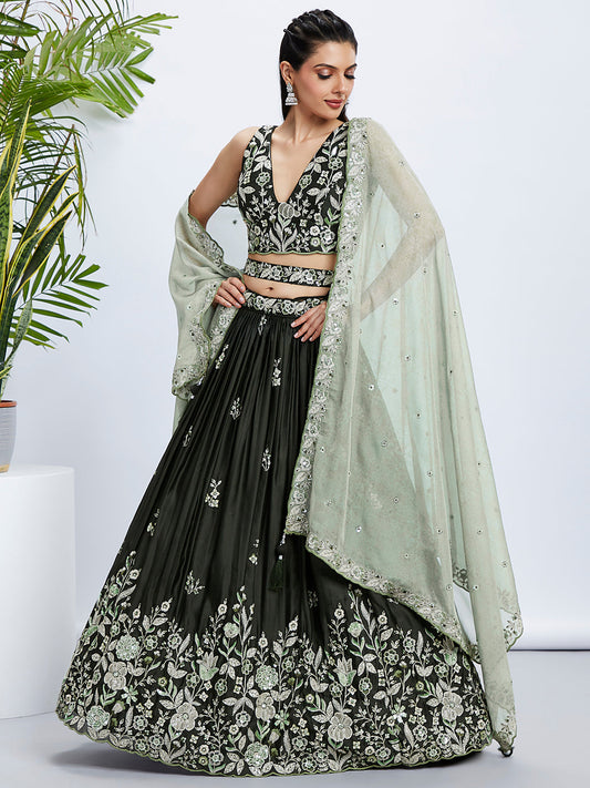 House of Panchhi Turquoise Blue Georgette Sequins And Thread Embroidery Lehenga Choli & Dupatta | Swadesiicart