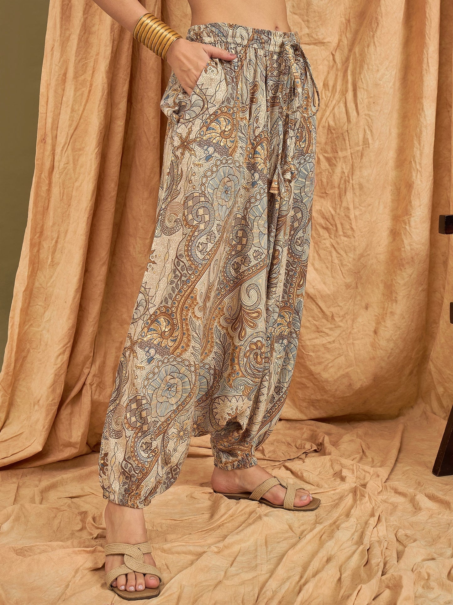 InWeave Beige Paisley Flower Harem Pant - Swadesiicart