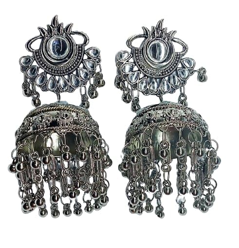 Tehzeeb Creations Women's Silver Colour Oxidised Earrings With Kundan And Mirror Work | Swadesiicart