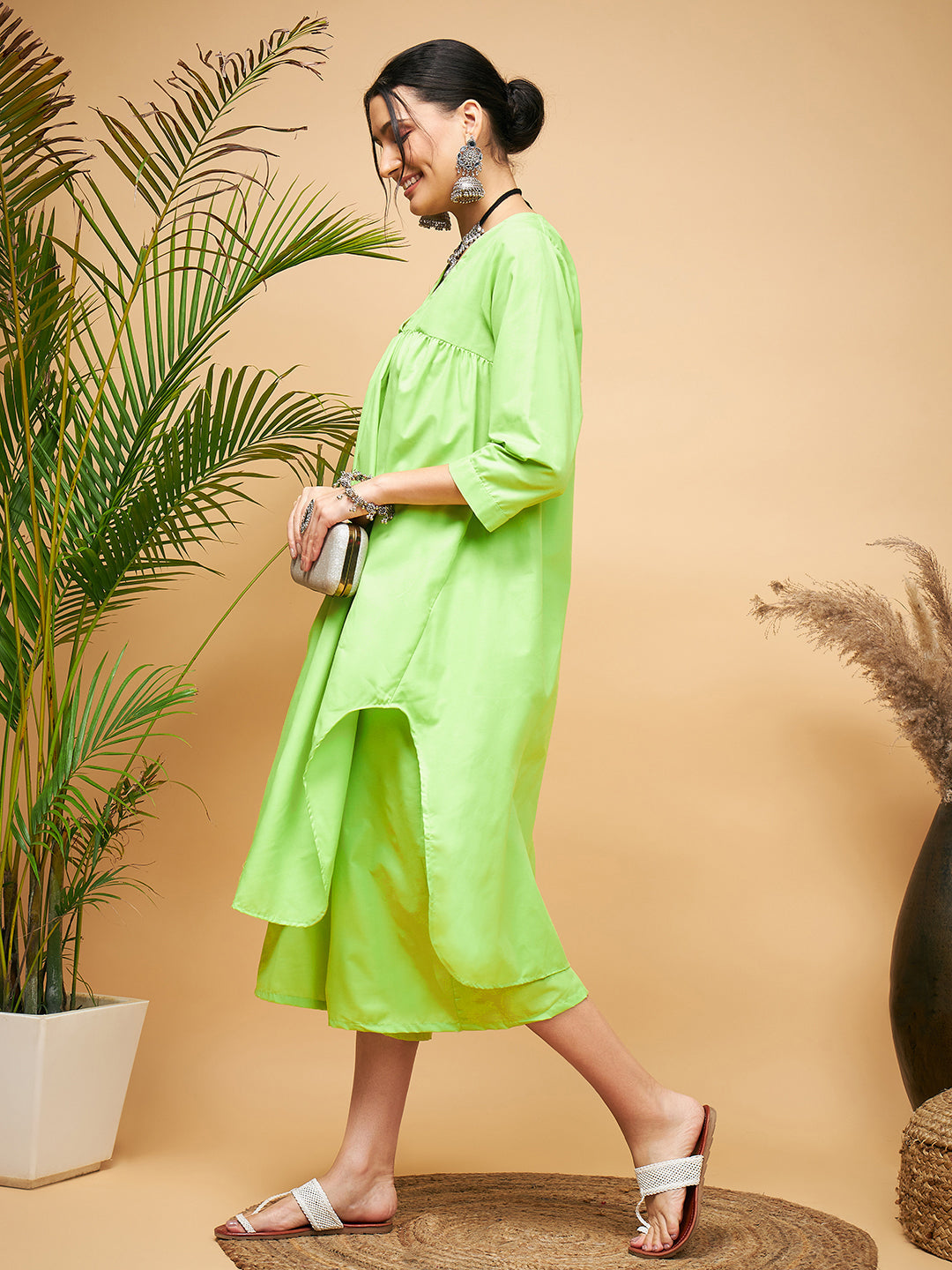 InWeave Women's Lime Green Flared Kurta Palazzo Set - Swadesiicart
