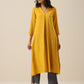 trueBrowns Mustard Yellow Slub Texture Neck Pleat Kurta Pant Set | Swadesiicart