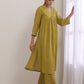 trueBrowns Avacado Green Dobby Flared Slit Kurta Pant Set | Swadesiicart