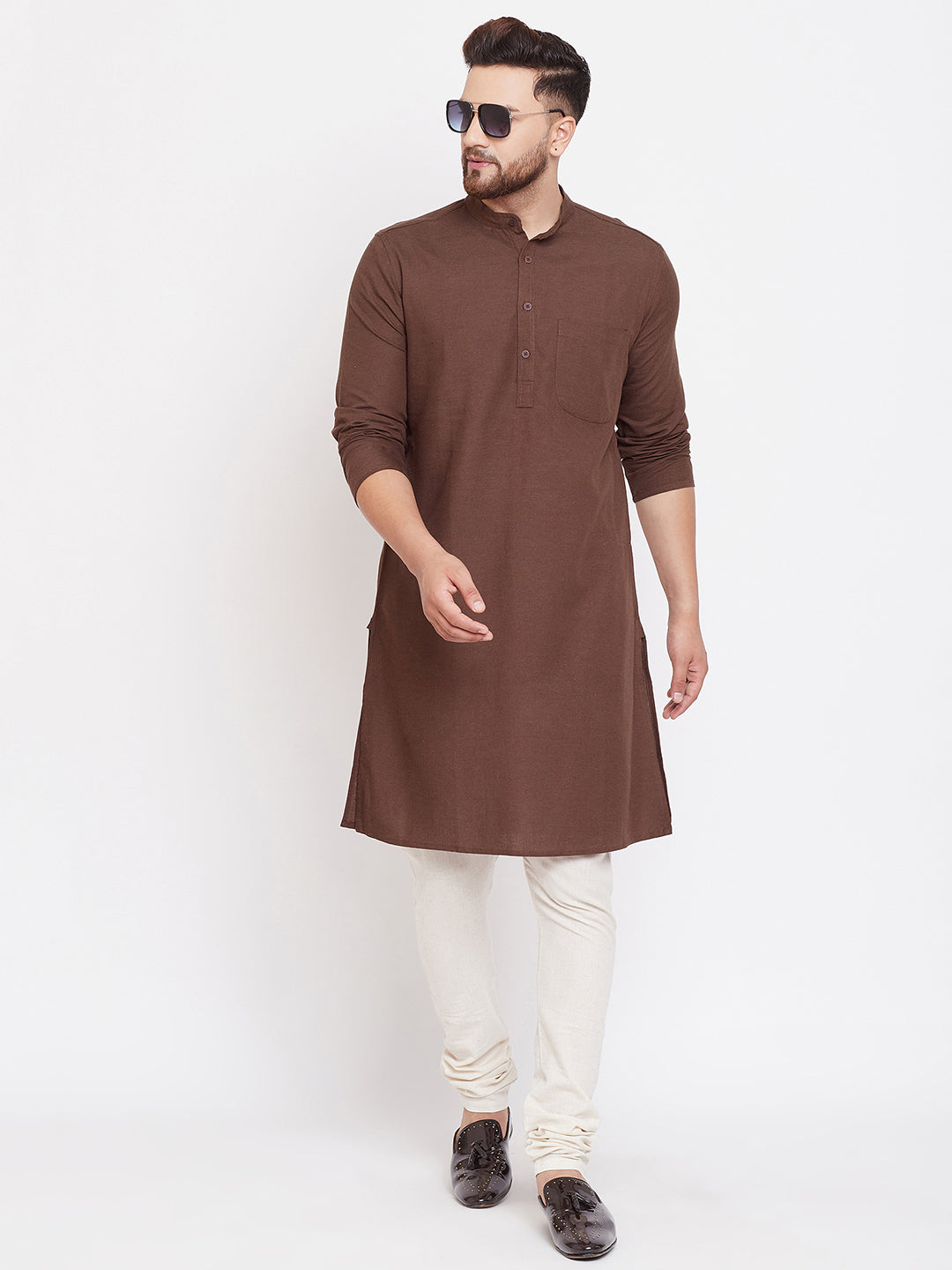 Even Apparels Brown Solid Kurta With Band Collar | Swadesiicart