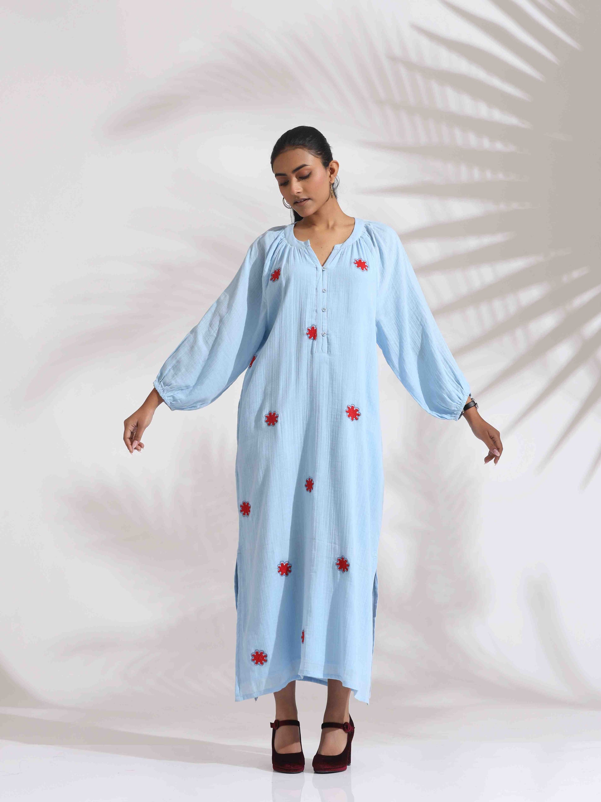 trueBrowns Blue Cotton Embroidered Dress | Swadesiicart