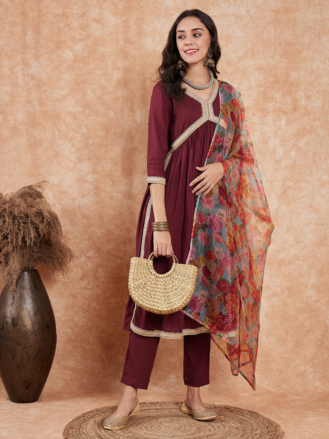 InWeave Women's Dark Burgundy Alia Neck Style Gota Set W Organza Dupatta - Swadesiicart