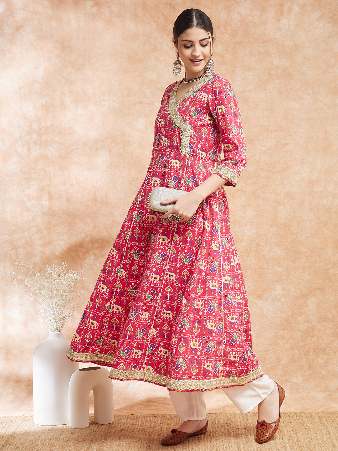 InWeave Women's Pink Patola Printed Gota Embroidered Anarkali Kurta - Swadesiicart