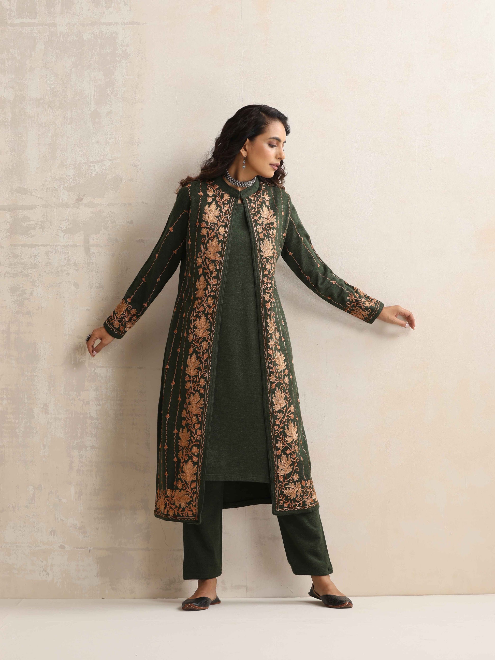 trueBrowns Green Kashmiri Woollen Jacket 3pc Set | Swadesiicart